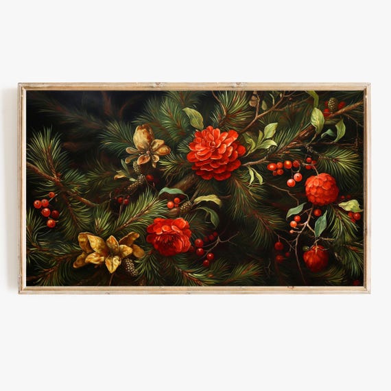 Vintage Christmas Botanical Art Print, Holiday Decor