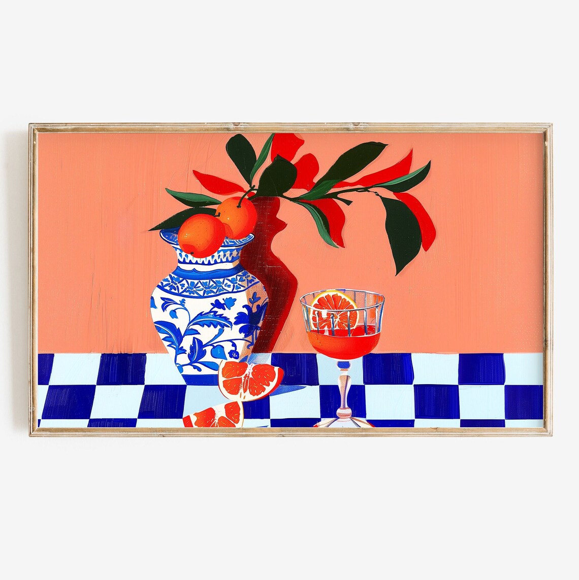 Citrus Still Life With Oranges Cocktail And Checkered Cloth Wall Art