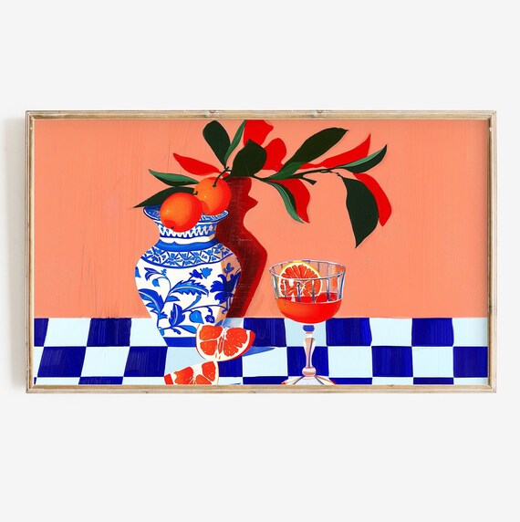 Citrus Still Life With Oranges Cocktail And Checkered Cloth Wall Art