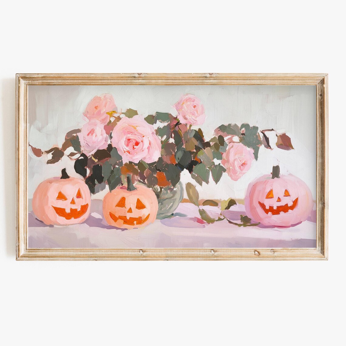 Pink Pumpkins Halloween Art Print, Floral Coquette
