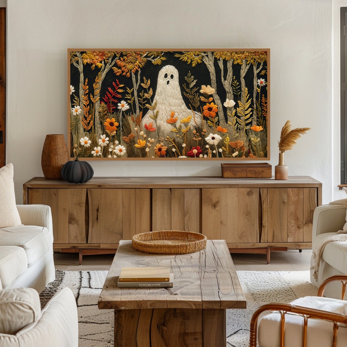 Embroidered Ghost Autumn Garden Dark Background Cottagecore Poster - Image 2