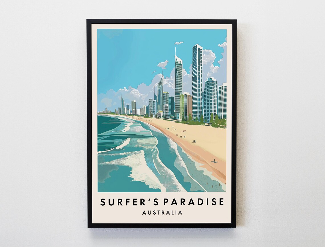 Surfers Paradise Australia Beach Skyline Waves Travel Art Poster