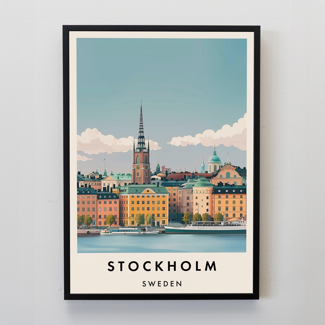 Stockholm Sweden Watercolor Gamla Stan Harbor Skyline Travel Poster
