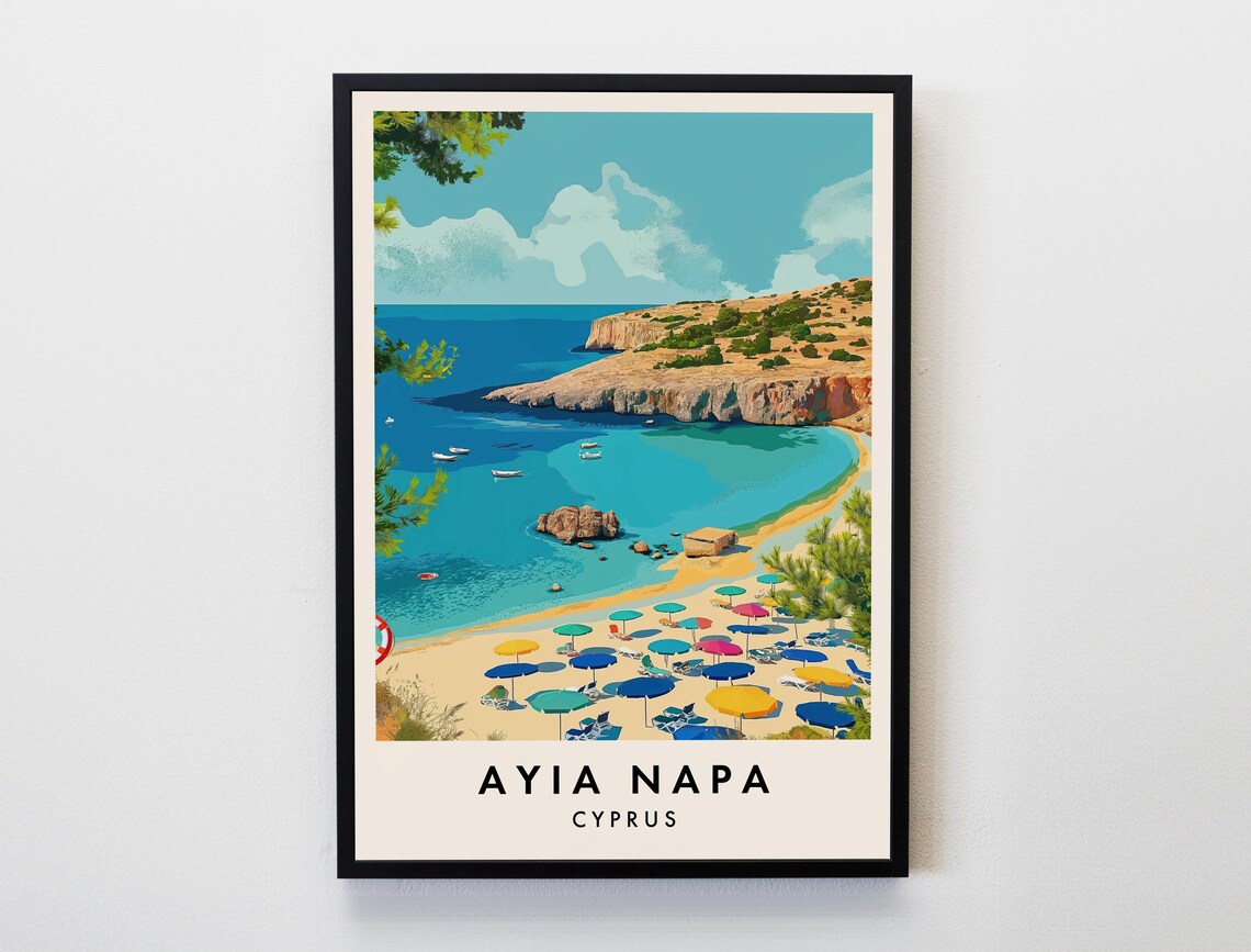 Ayia Napa Cyprus Beach Umbrellas and Blue Sea Coastal Travel Poster