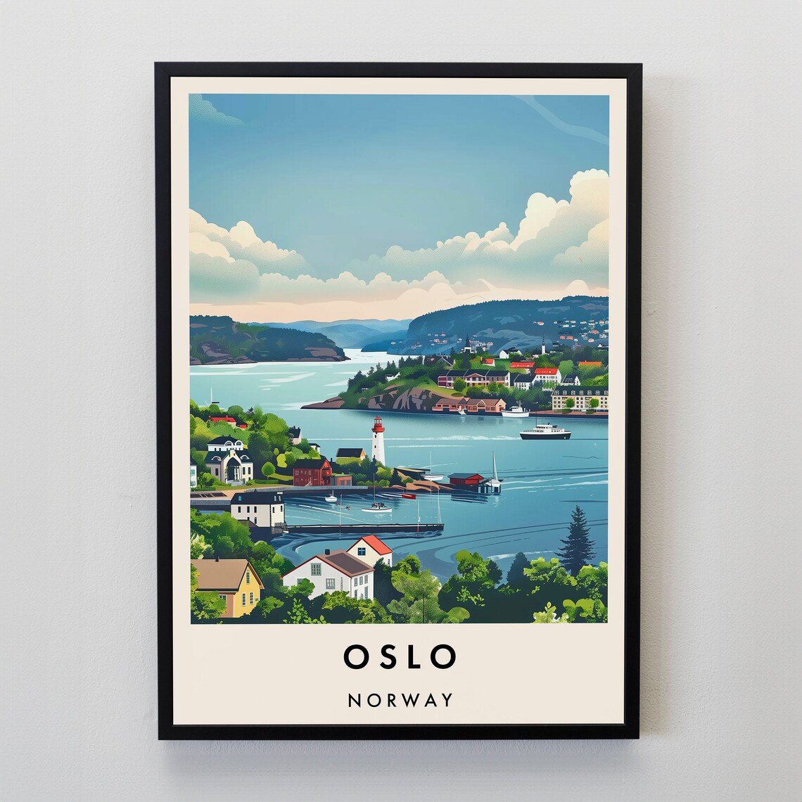 Oslo Norway Fjord Travel Poster With Lighthouse Boats and Green Hills