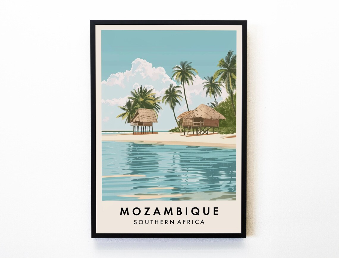 Mozambique Southern Africa Stilt Hut Palm Beach Lagoon Travel Poster