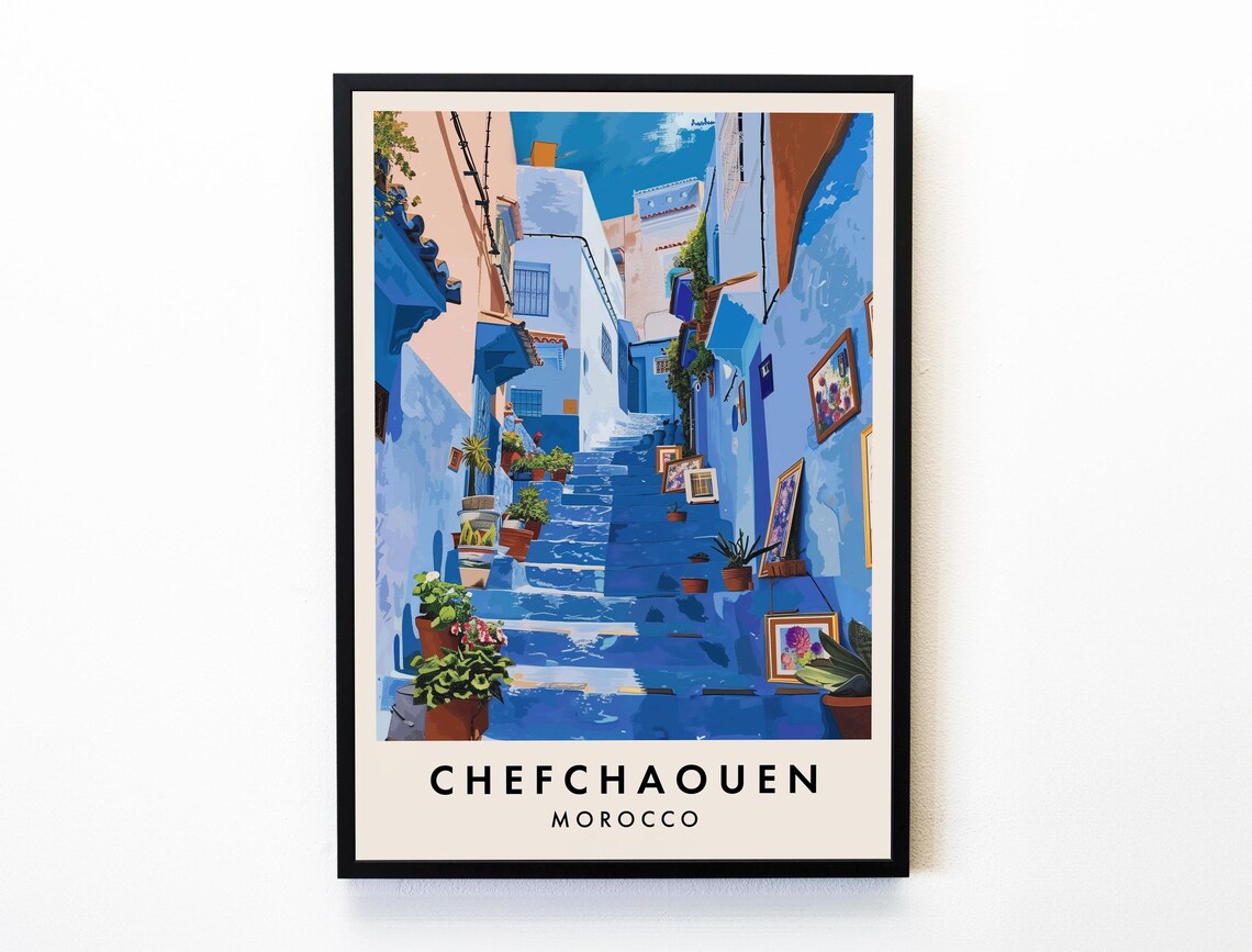 Chefchaouen Travel Poster, Morocco City Print