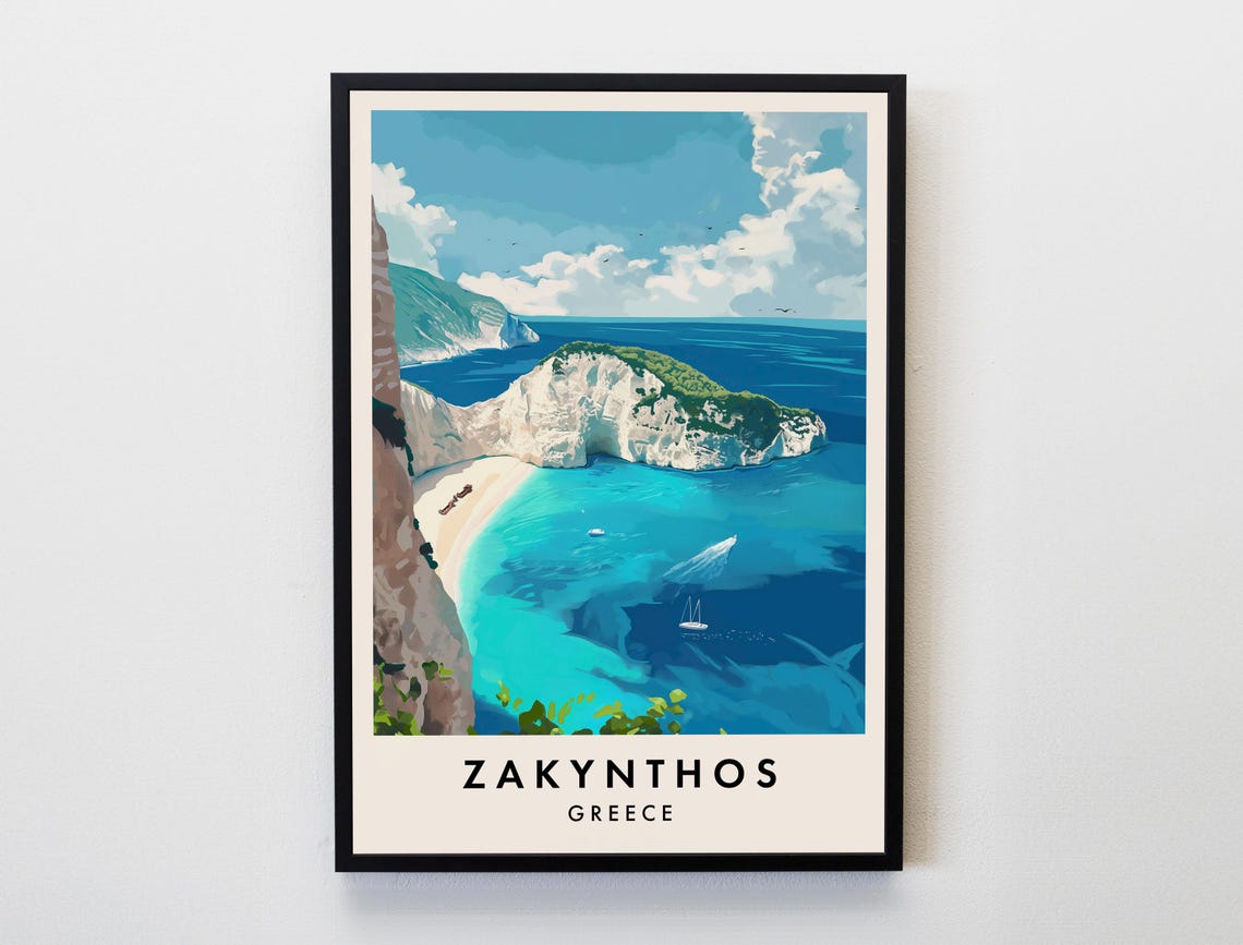Zakynthos Greece Travel Poster Turquoise Cliffs Beach Artwork