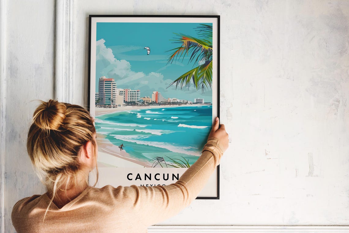 Cancun Mexico Travel Poster with Turquoise Beach and Palm Trees - Image 2
