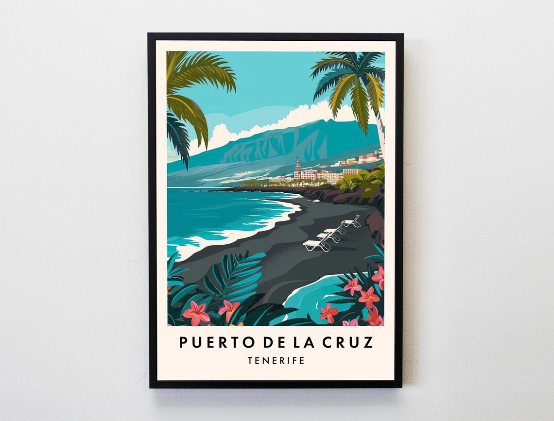 Puerto de la Cruz Tenerife Black Sand Beach Retro Travel Poster