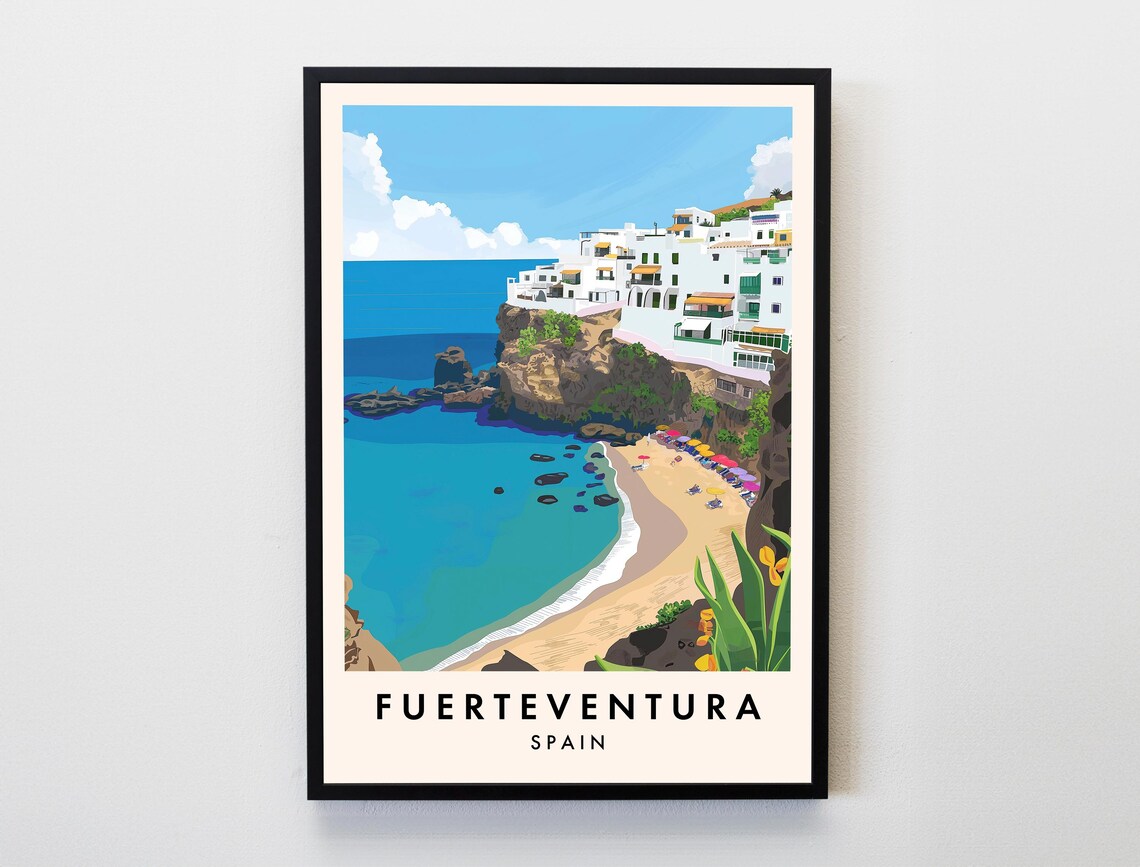 Fuerteventura Spain Cliff Beach Umbrellas White Town Coast Poster