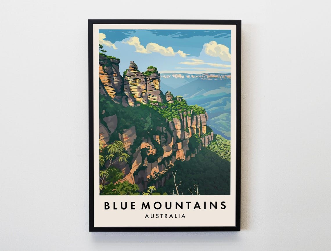 Blue Mountains Australia Three Sisters Rock Cliffs Travel Poster