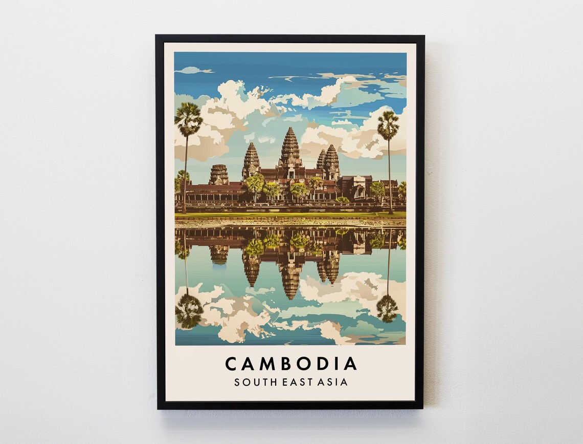 Cambodia South East Asia Angkor Wat Temple Reflection Travel Poster
