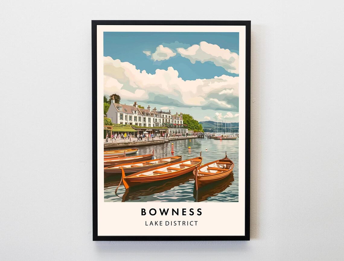 Bowness Lake District Waterfront Rowboats Vintage Travel Poster