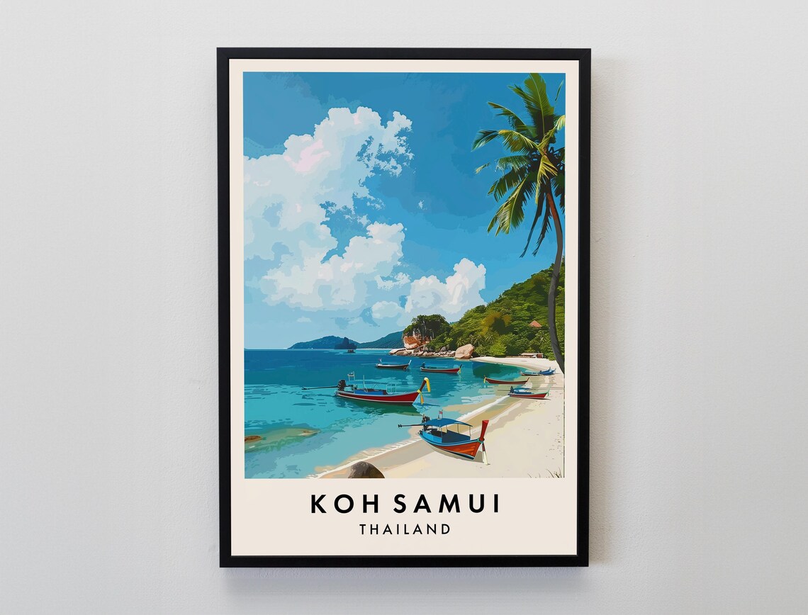 Koh Samui Thailand Beach Longtail Boats Vintage Illustration Poster