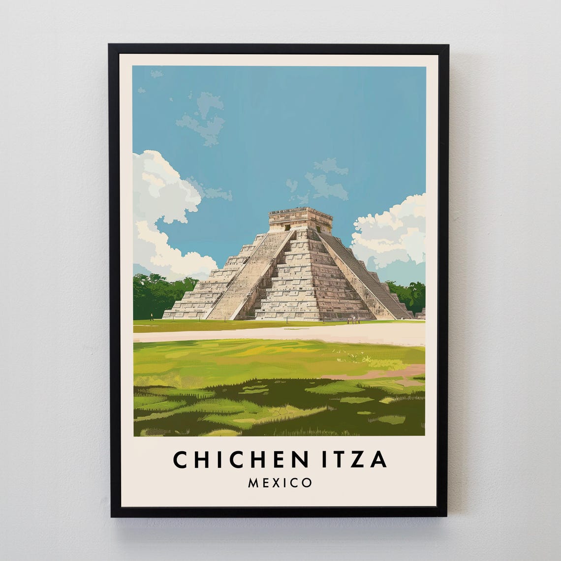 Chichen Itza Mexico Travel Poster with El Castillo Pyramid Ruins