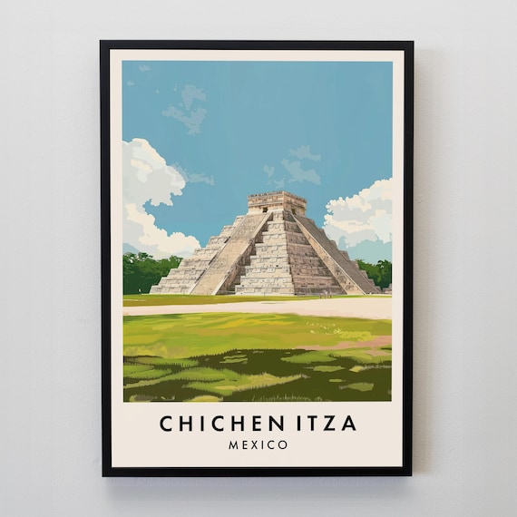 Chichen Itza Mexico Travel Poster with El Castillo Pyramid Ruins