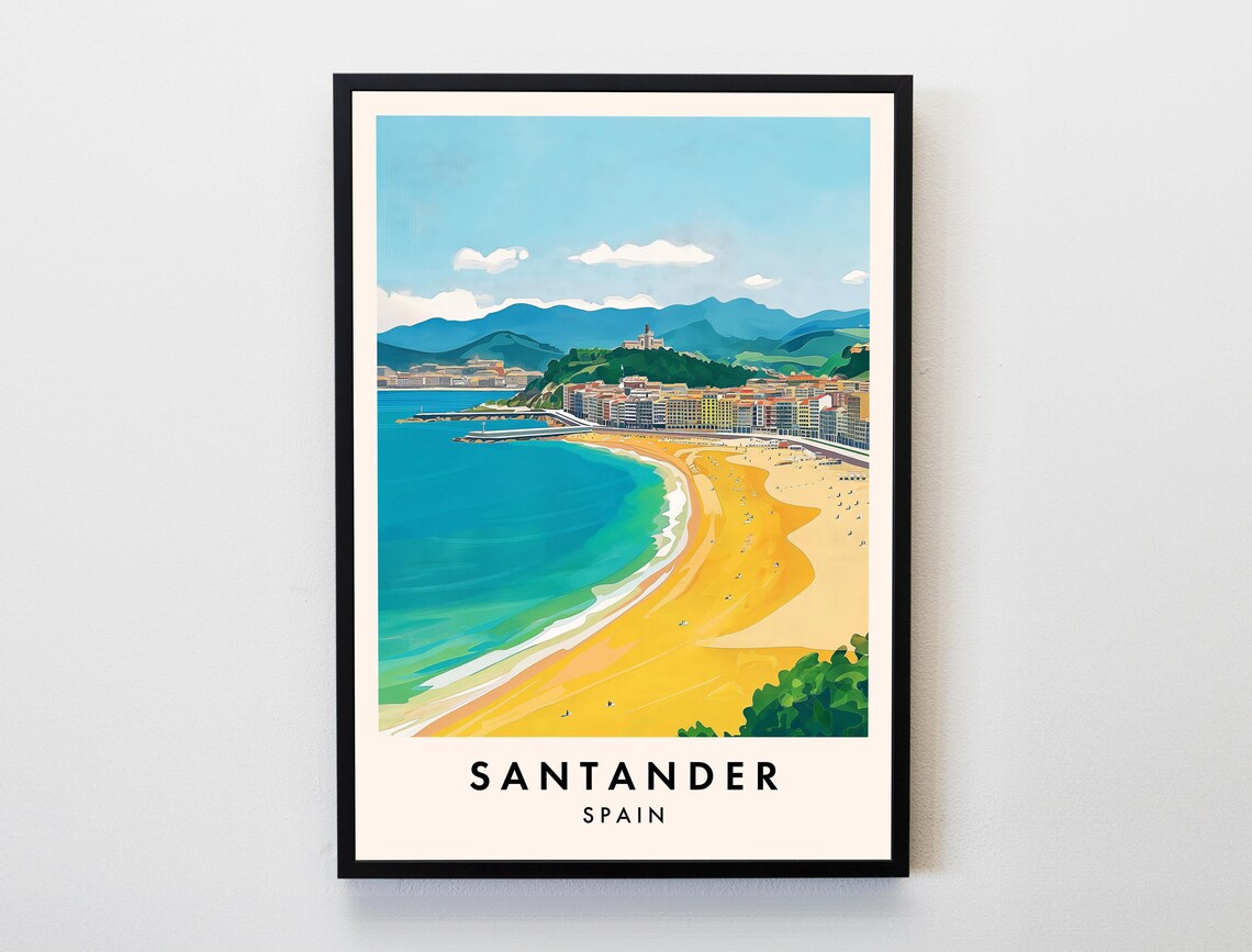 Santander Spain Beach Travel Poster Golden Bay Coastal City Wall Decor