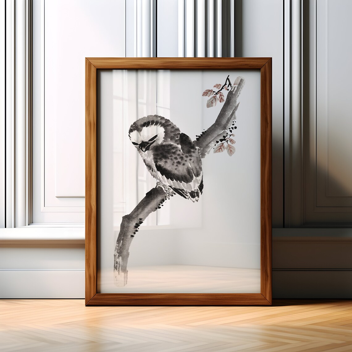 Japanese Sumi-e Sleeping Owl Ink Painting on Branch Art Poster