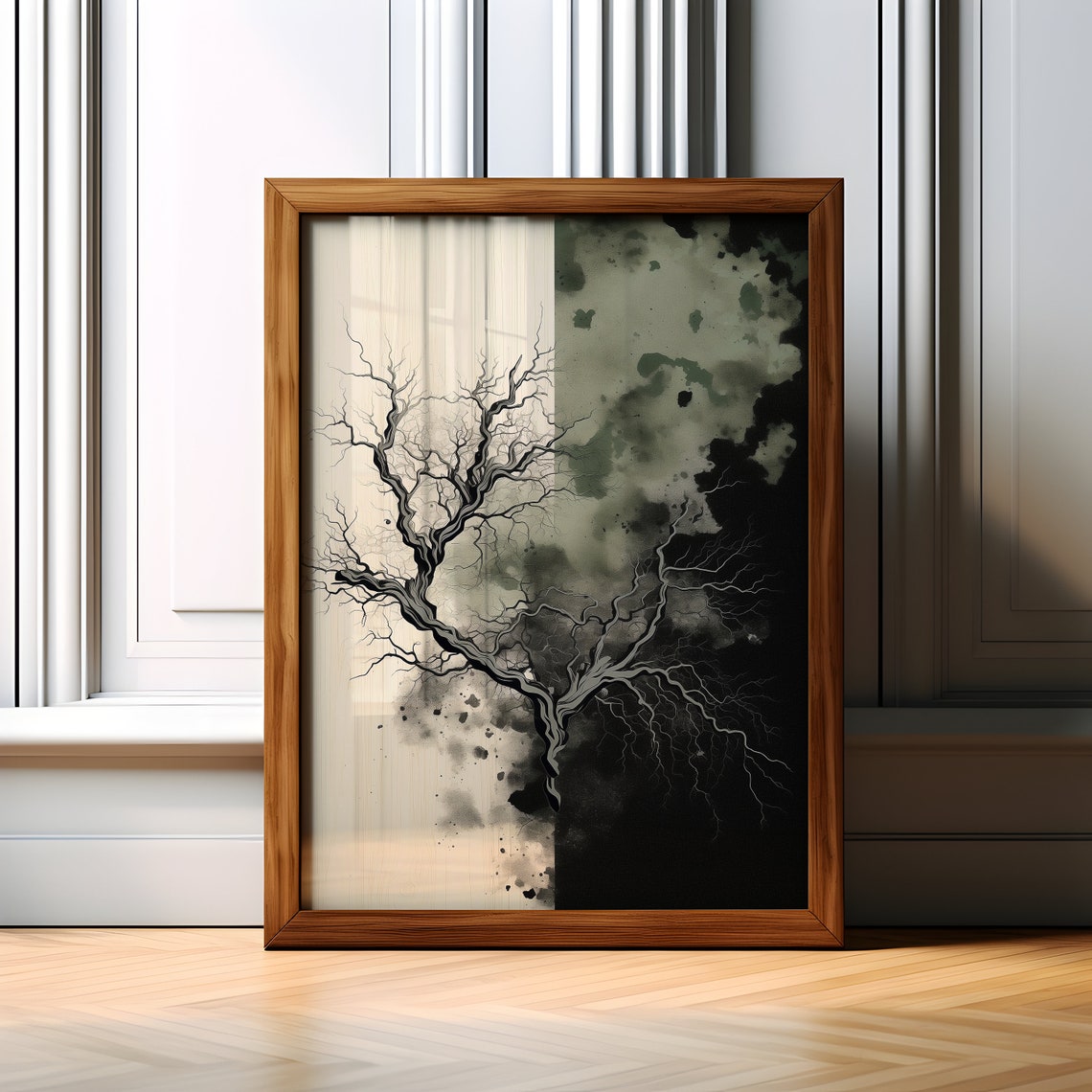 Split Tone Tree of Life Ink Wash Abstract Black Beige Poster Art