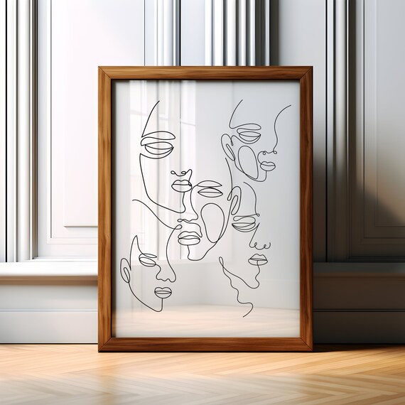 Four Faces Single Line Art Abstract Minimalist Faces Art Poster