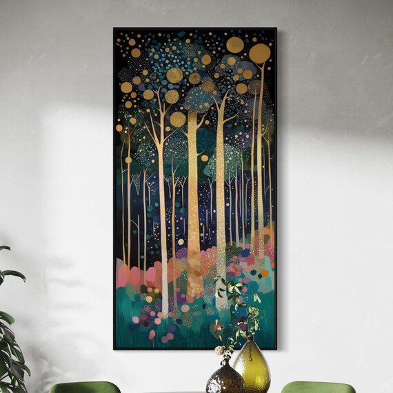 Magical Abstract Forest Klimt Inspired Abstract Tree Print With Gold Accents Tranquil Vertical Narrow Decor Nature Scene For Above Bed