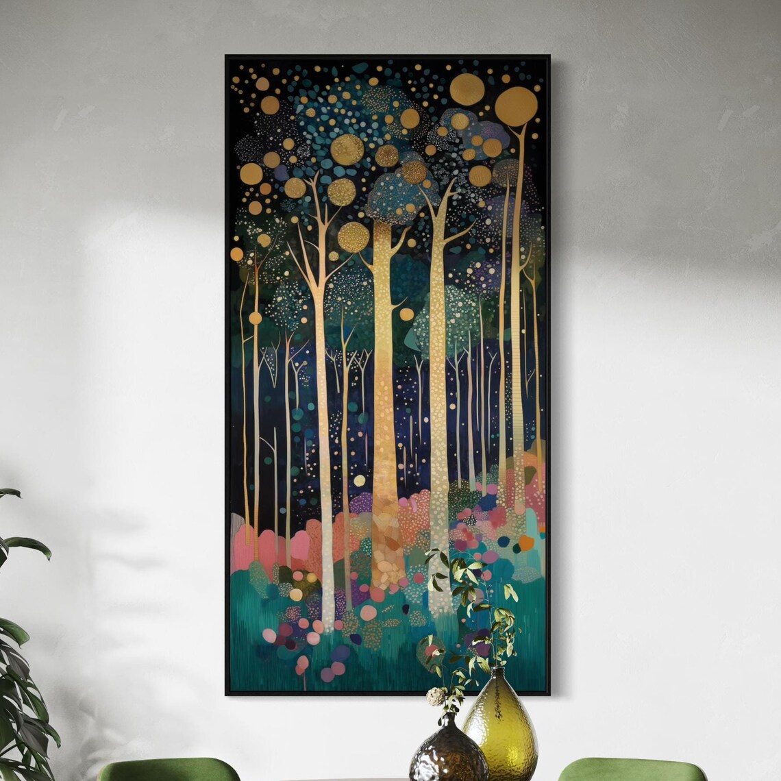 Magical Abstract Forest Klimt Inspired Abstract Tree Print With Gold Accents Tranquil Vertical Narrow Decor Nature Scene For Above Bed