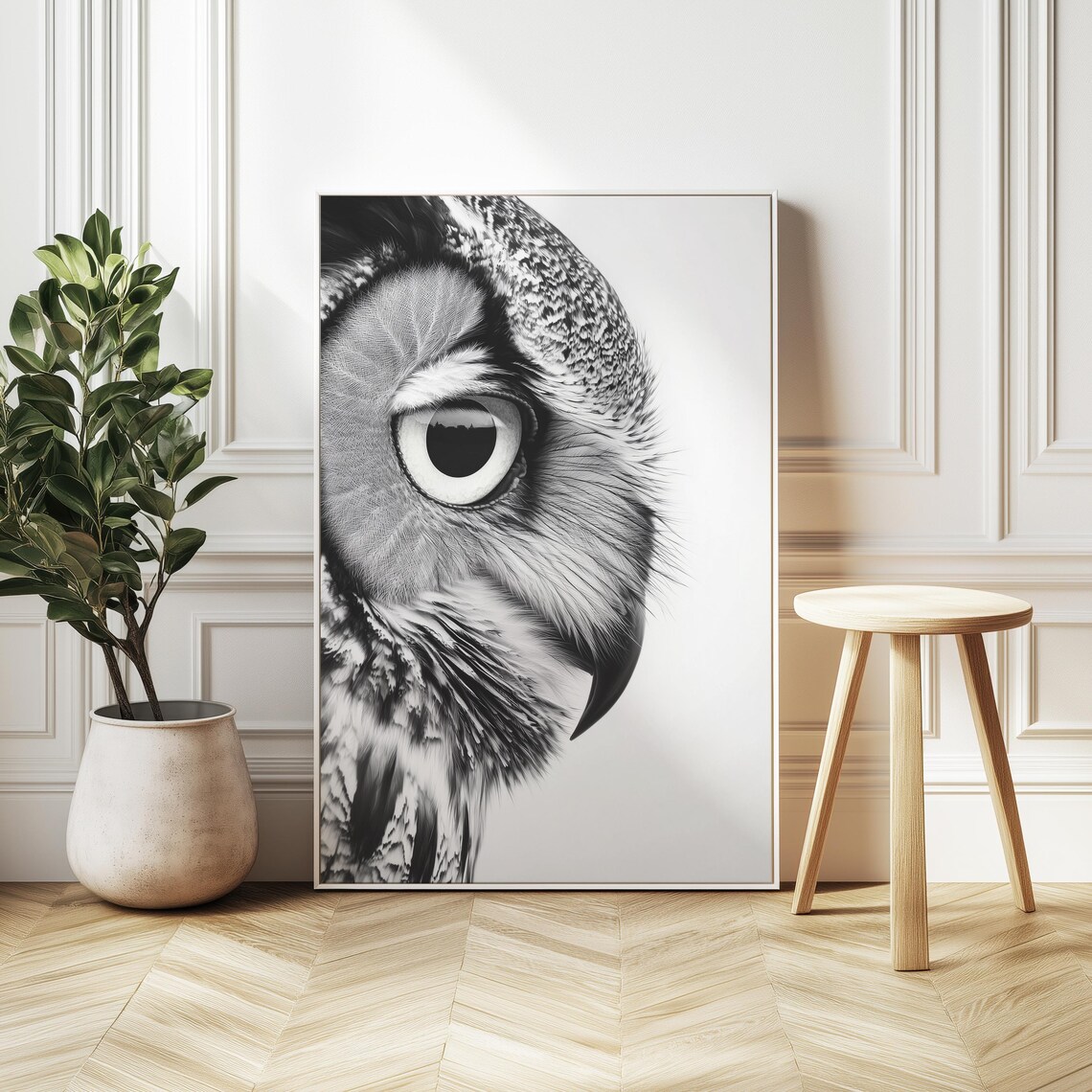 Owl Portrait, Black And White Wildlife Art Print