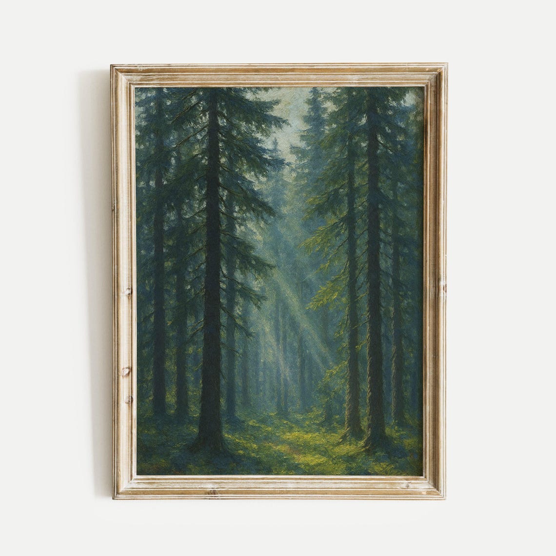 Sunbeams Breaking Through a Dense Spruce Forest Vintage Oil Art Poster