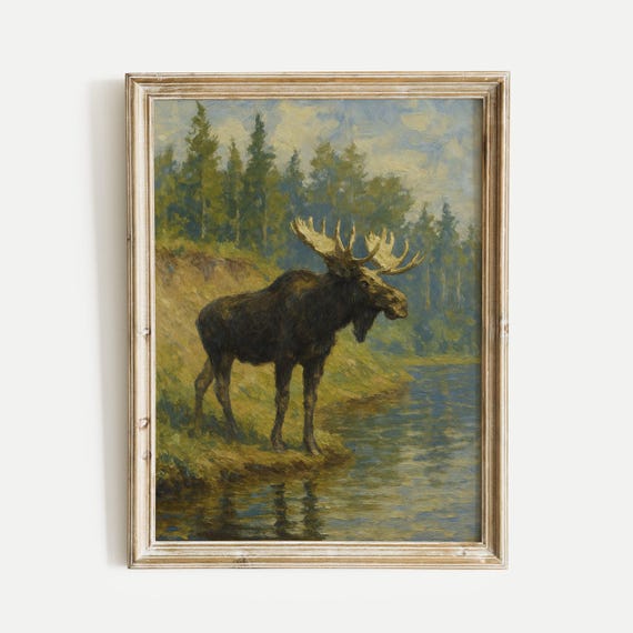 Moose By Riverbank Oil Painting Print Vintage Wall Art Home And Office Living Room Bedroom Nursery Decor