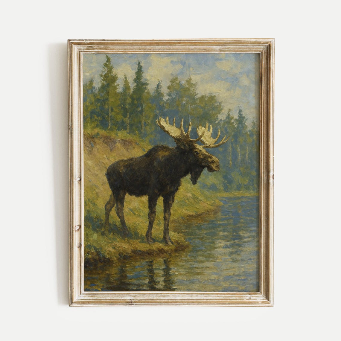 Majestic Moose At Forest Lake Vintage Wildlife Oil Painting Poster