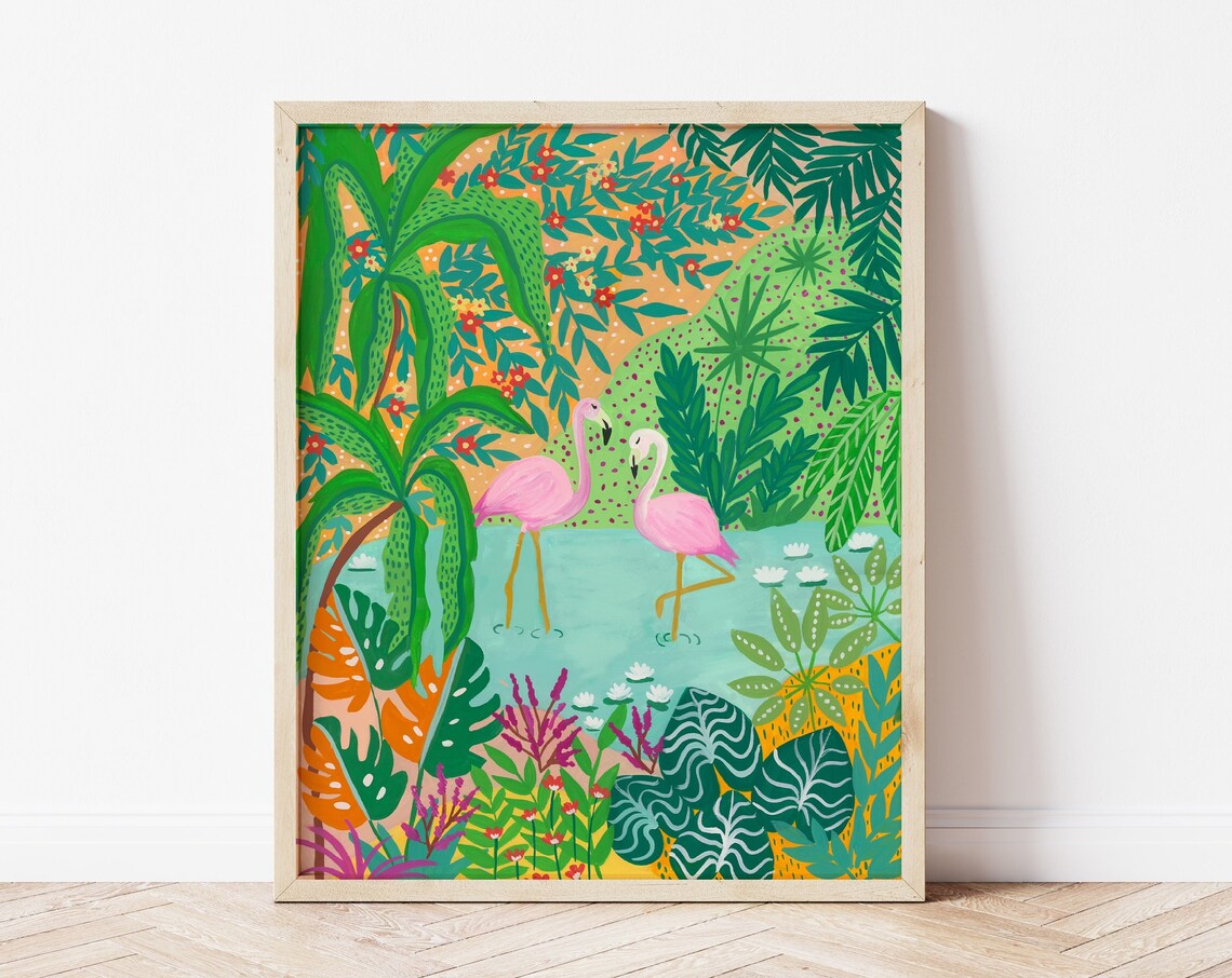 Pink Flamingo Bird Print, Maximalist Jungle Decor