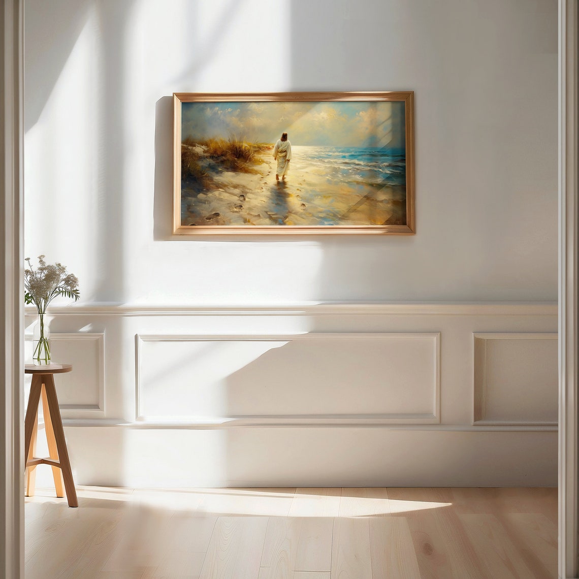 Jesus Walking Beach Golden Sunset Footprints Christian Art Poster - Image 2
