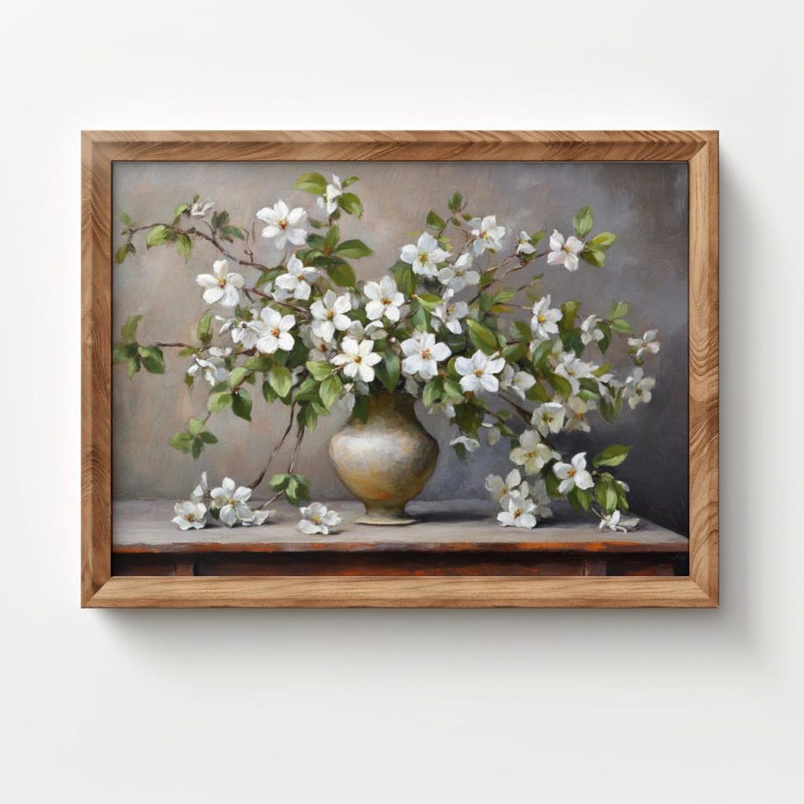 White Blossom Branches In Ceramic Vase Still Life Floral Art Print - Image 2