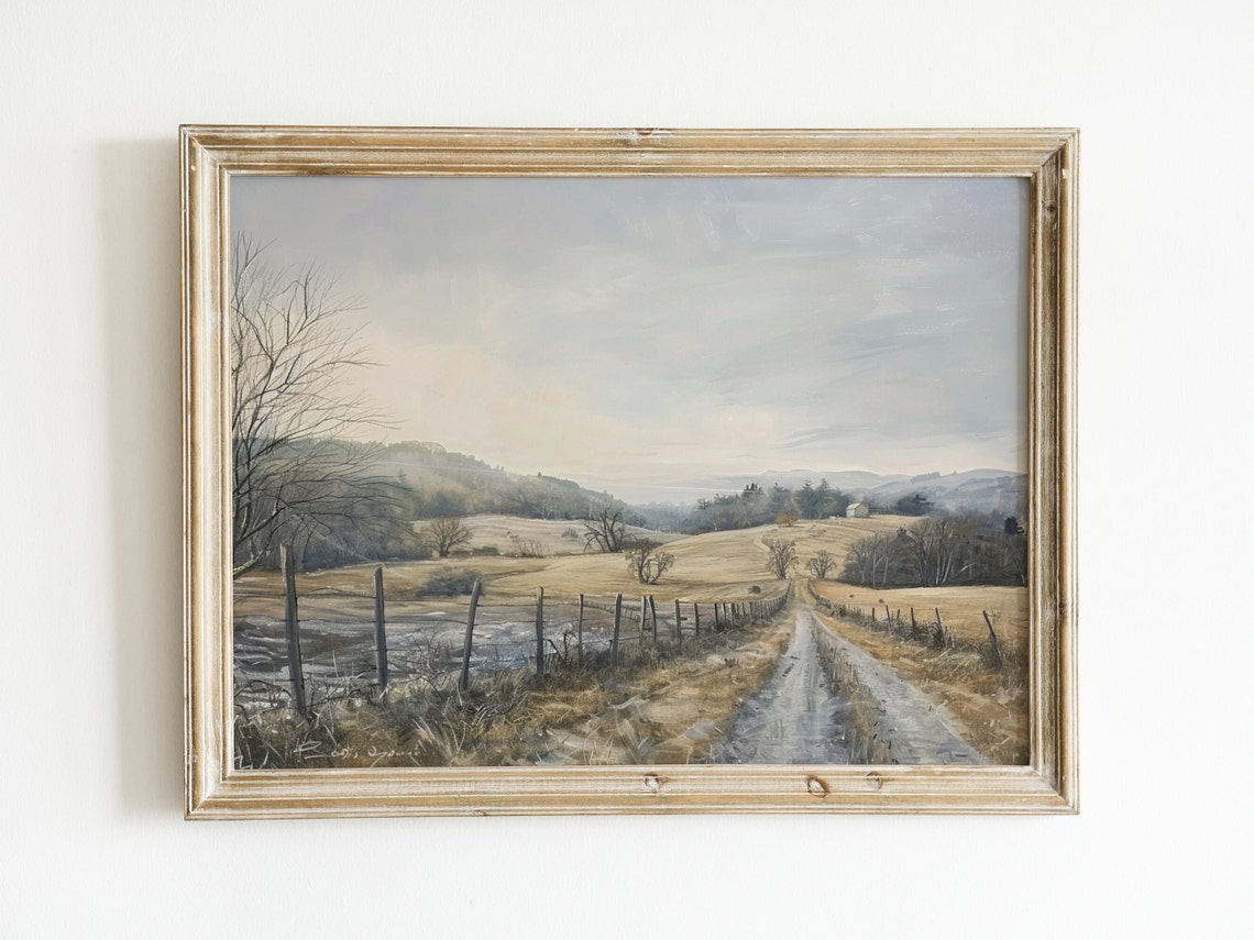 Vintage Neutral Landscape Painting Countryside Print Muted Wall Art Farmhouse Rustic Decor Antique Oil Painting