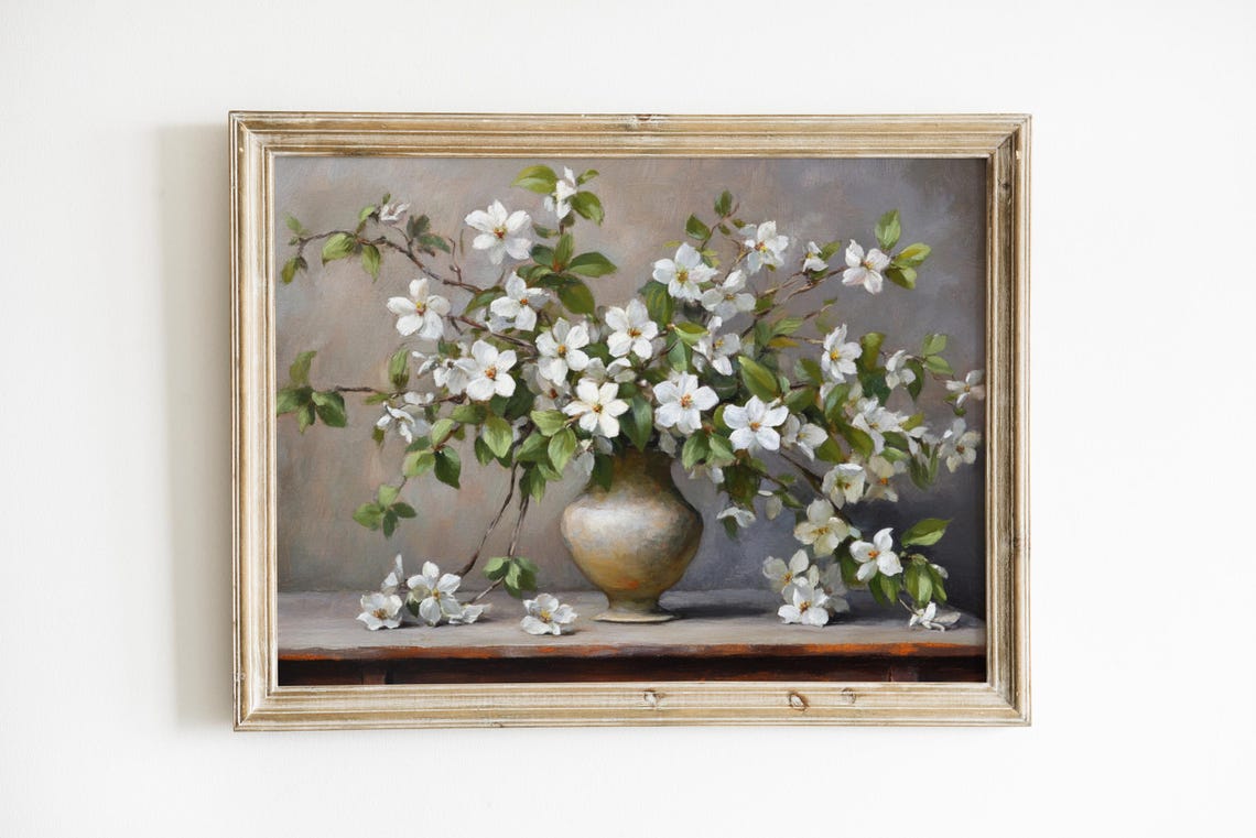 White Blossom Branches In Ceramic Vase Still Life Floral Art Print