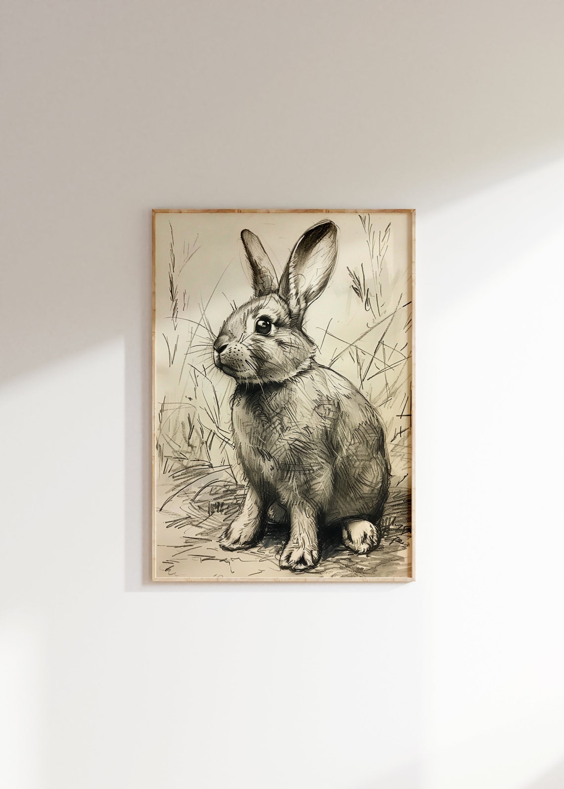 Baby Rabbit Sitting Grass Detailed Pencil Sketch Nursery Art Print - Image 2