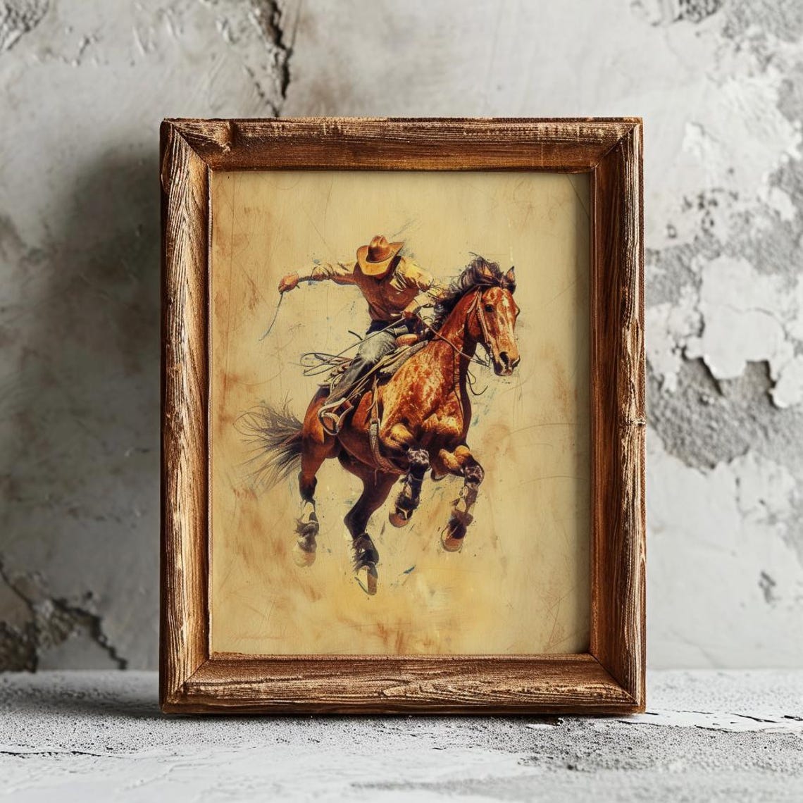 Cowboy Riding a Bucking Horse Vintage Western Rodeo Painting Art Print