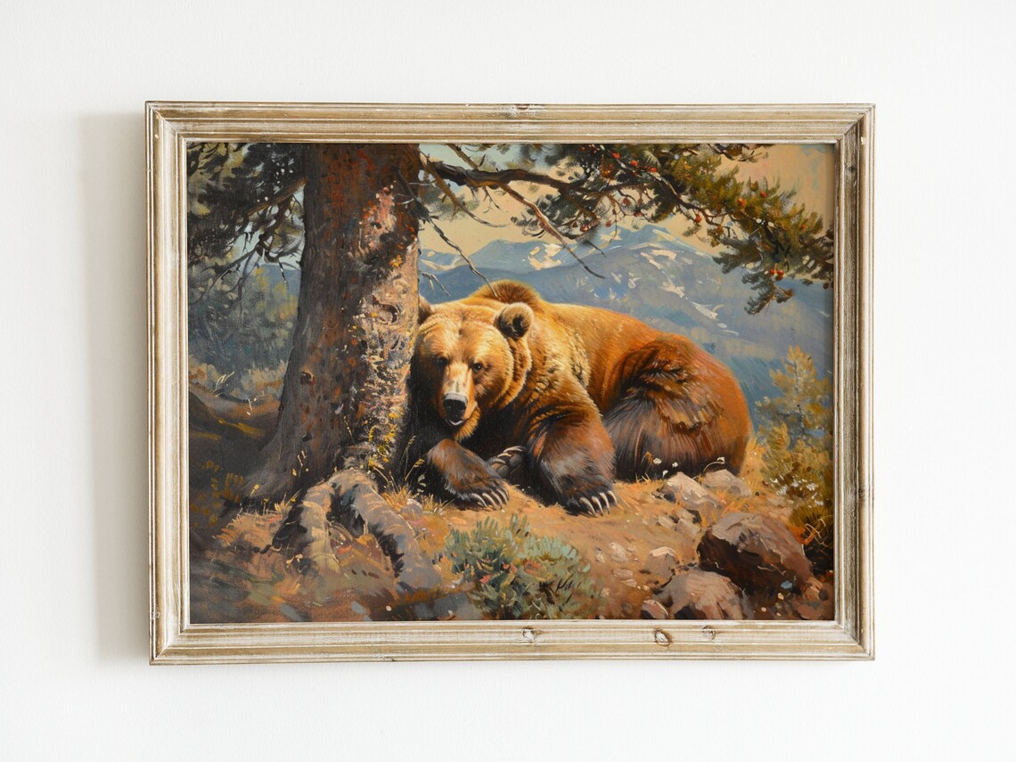 Brown Bear Resting Beneath Pine Tree Mountain Wilderness Wildlife Poster