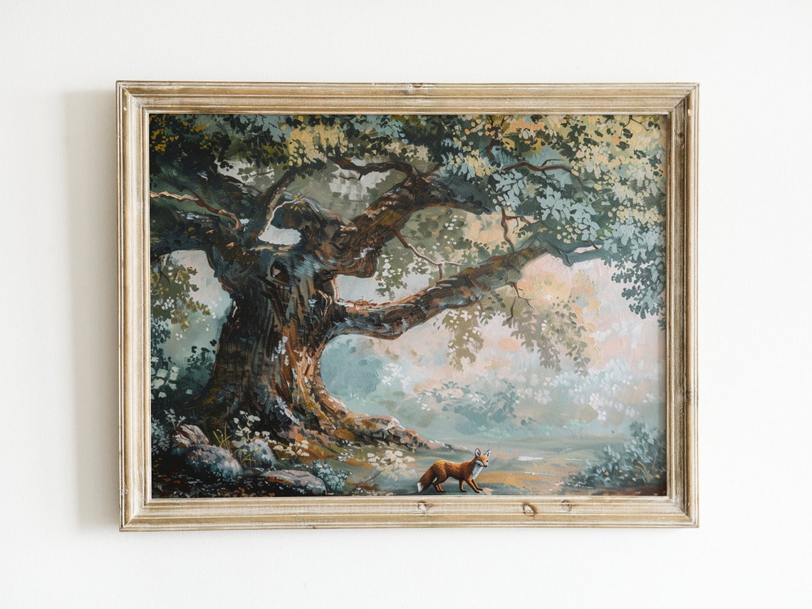 Red Fox Walking Under Ancient Oak Tree Misty Forest Wildlife Poster