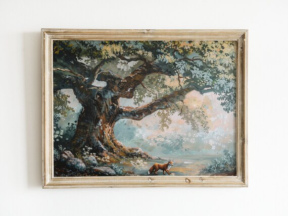 Red Fox Walking Under Ancient Oak Tree Misty Forest Wildlife Poster