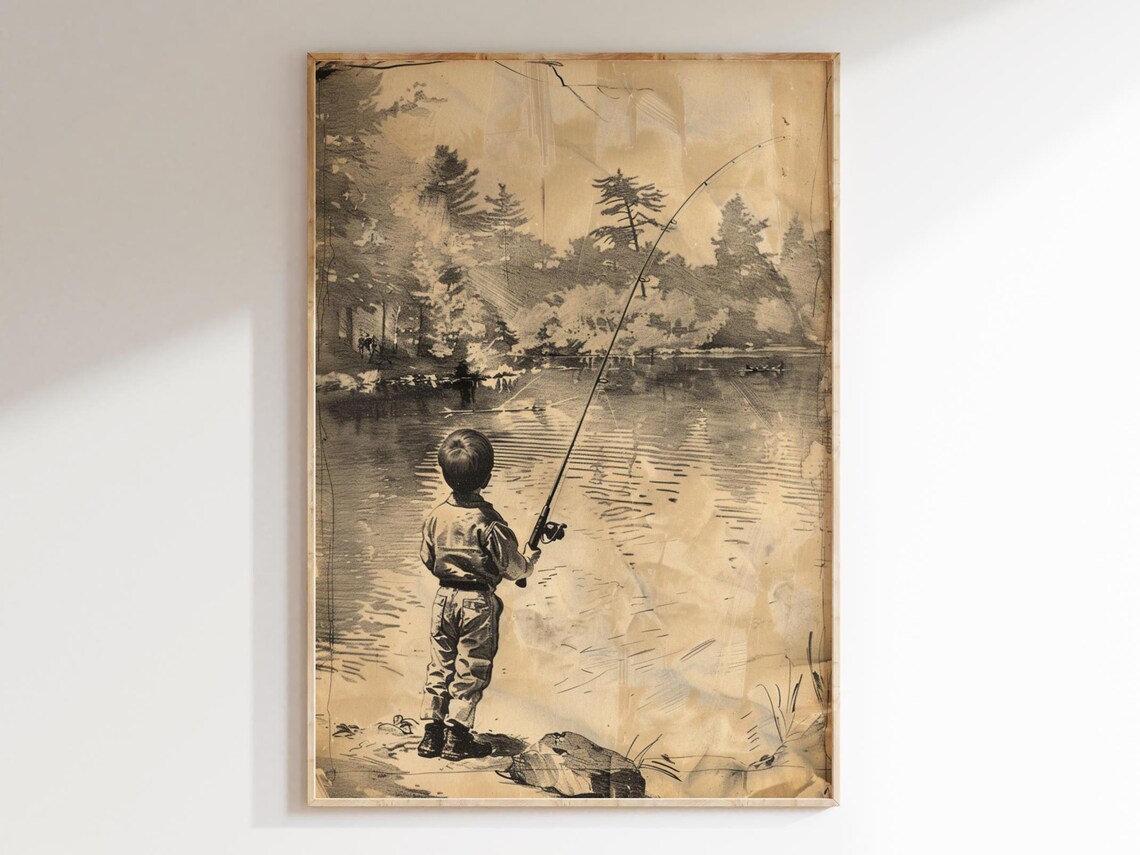 Boy Fishing Vintage Sketch Art Print for Boys Room