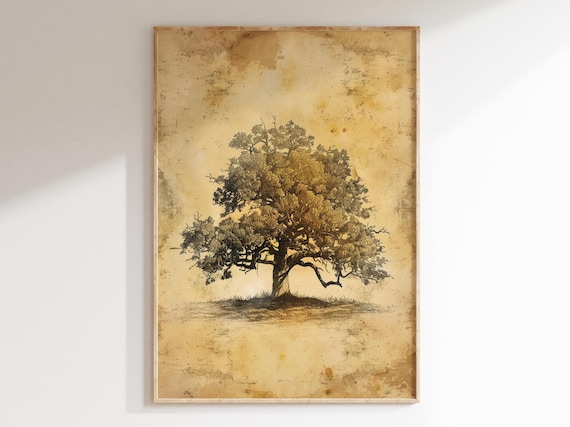 Vintage Oak Tree Sketch Rustic Wall Art Wall Decor Neutral Living Room Artwork Antique Bedroom Nursery Print