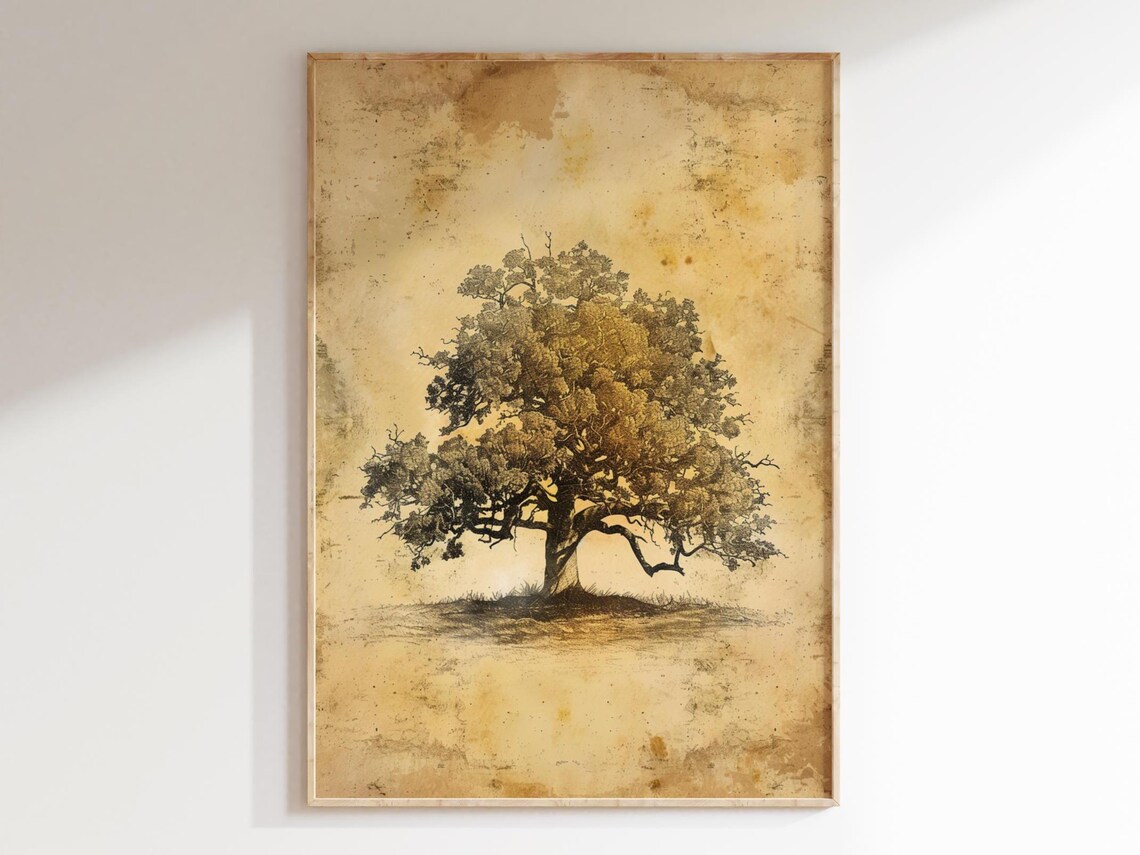 Vintage Oak Tree Sketch Rustic Wall Art Wall Decor Neutral Living Room Artwork Antique Bedroom Nursery Print