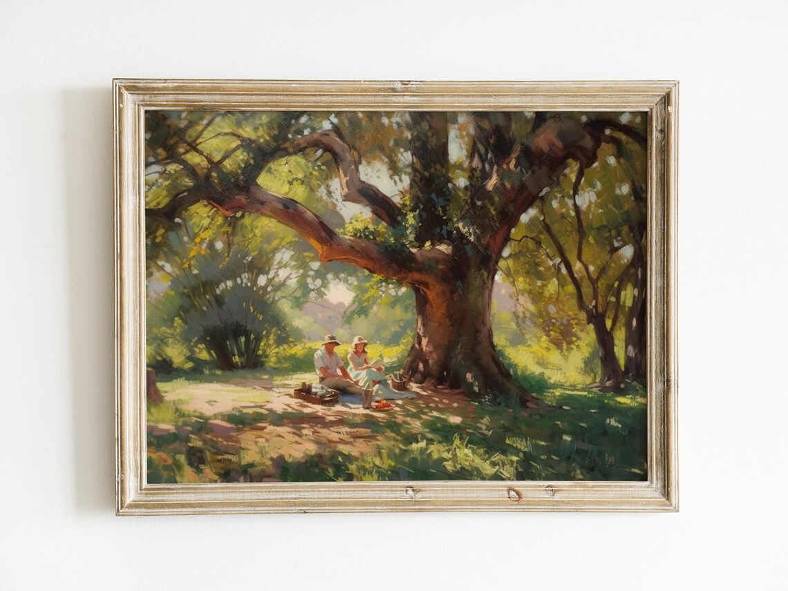 Couple Picnic Under the Oak Tree Vintage Sunlit Park Painting Poster