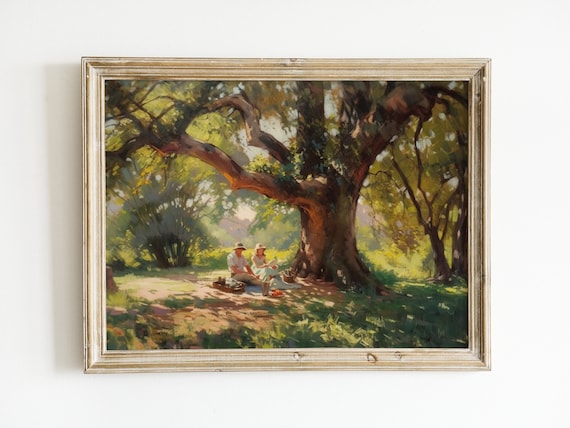 Picnic Under Tree Vintage Oil Painting Wall Art Print Rustic Antique Art