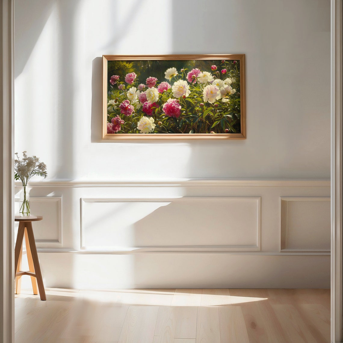 Lush Pink and White Peony Garden Sunlit Blooms Floral Art Poster - Image 2