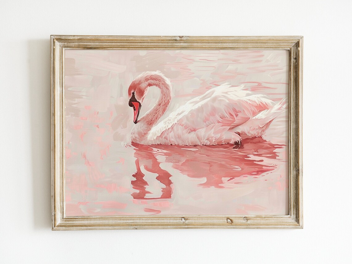 Vintage Swan Oil Painting Pink Girls Room Art Girl Nursery Decor Wall Art Print