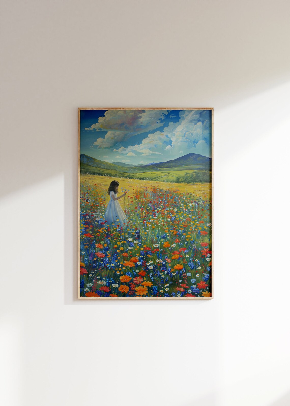 Girl in Wildflower Meadow Mountains Blue Sky Vintage Floral Print - Image 2