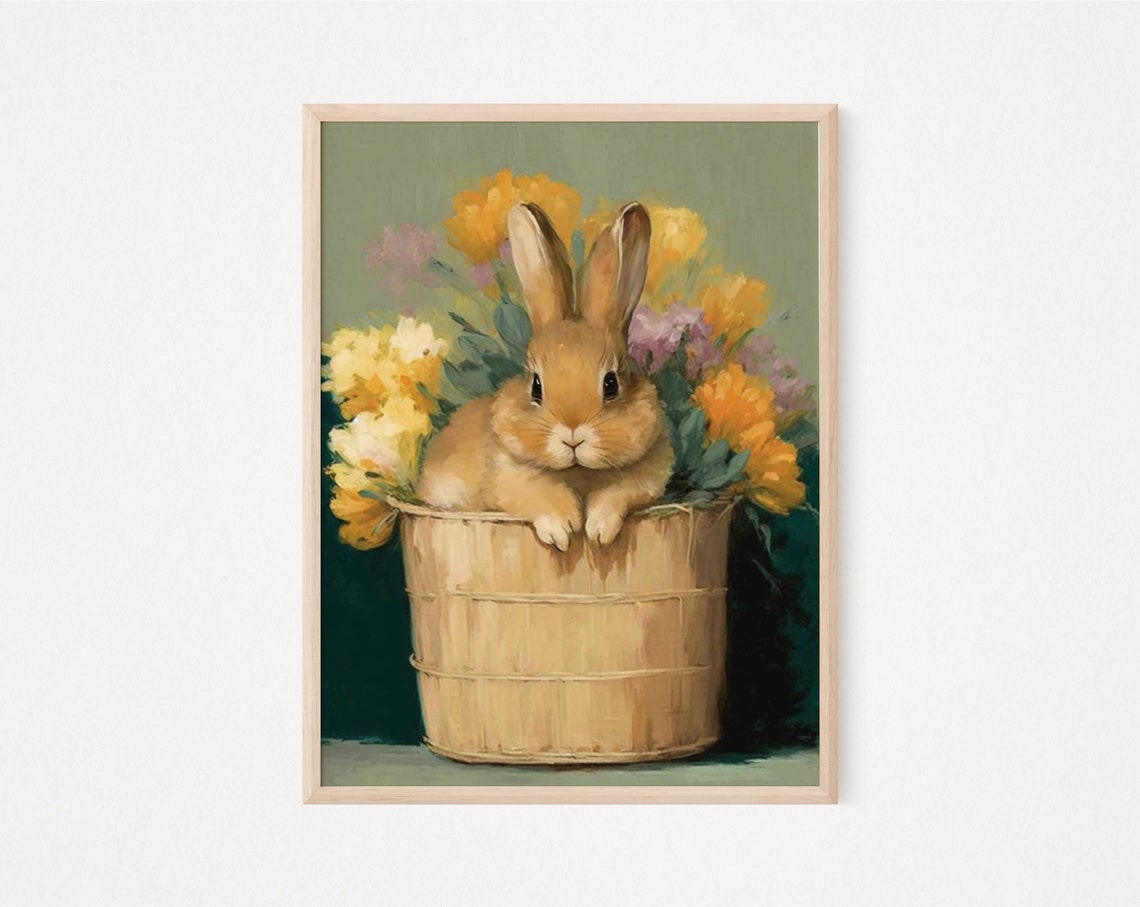Bunny In Basket With Yellow Flowers Sage Green Easter Wall Art Poster - Image 2